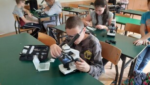Uczeń ogląda obiekt przez mikroskop