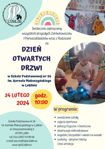 Plakat przedstawijący zaproszenie na dzień otwartych drzwi do Szkoły Podstawowej nr 34 w Lublinie.