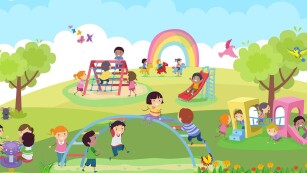 Dzieci bawiące się na placu zabaw przedszkolnym